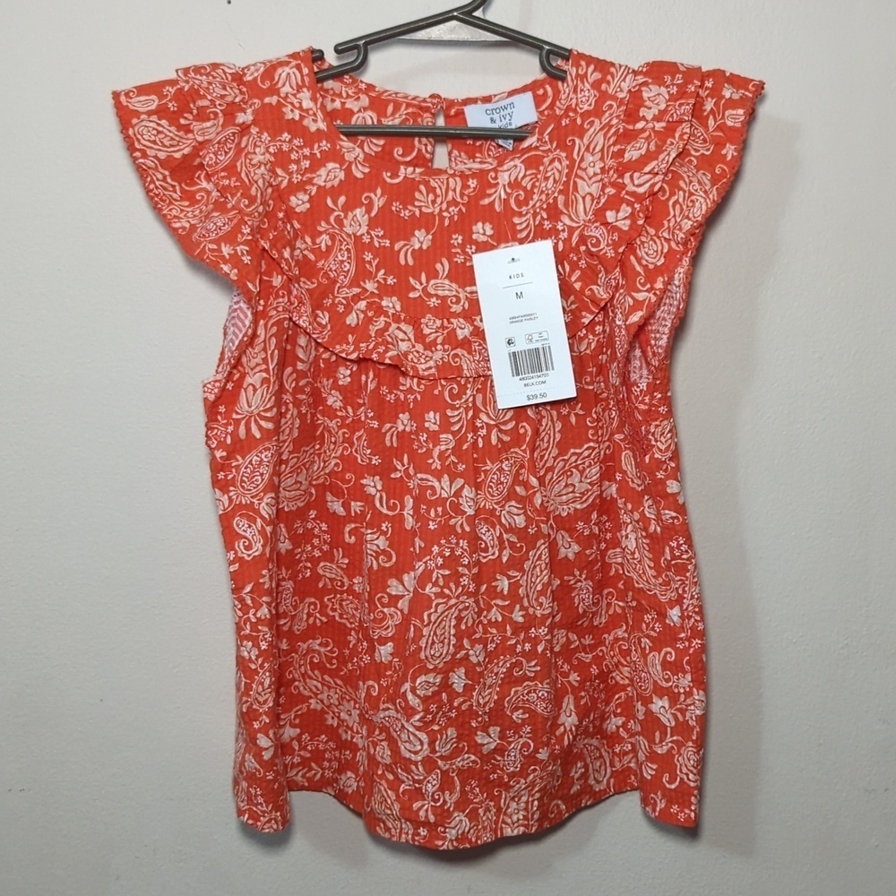 Crown & Ivy Orange + White Floral Ruffle Blouse Cap Sleeves Girls Size M NEW